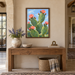 Blooming Prickly Pear oil painting displayed above an entryway console