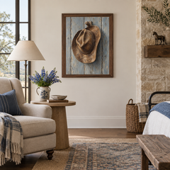 Western Hat on Wooden Peg oil painting displayed in a living room reading nook