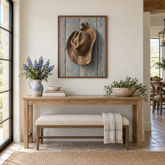 Western Hat on Wooden Peg oil painting displayed above an entryway bench