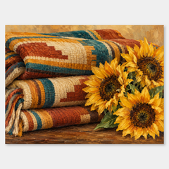 Folded rust, cream and teal saddle blanket beside three golden sunflowers in a horizontal oil painting
