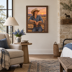 Cowgirl at Golden Hour oil painting displayed in a living room reading nook