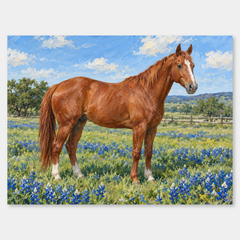 Chestnut horse standing in a green ranch meadow with bluebonnets, a wooden fence and clear blue sky