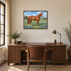 Spring Ranch Horse oil painting displayed in a home office