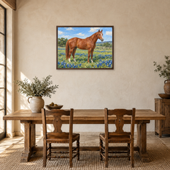 Spring Ranch Horse oil painting displayed in a farmhouse dining room