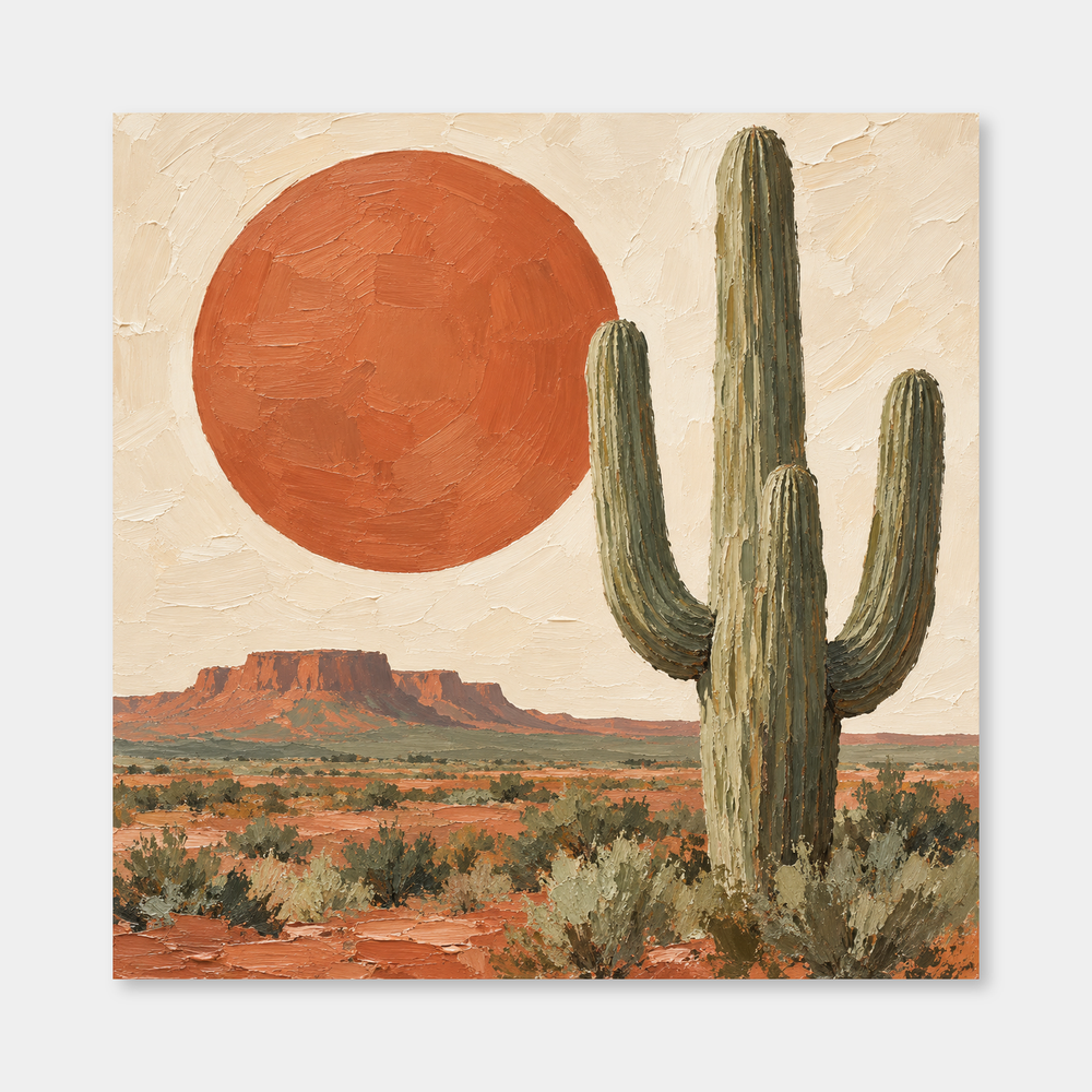 Terracotta Sun & Saguaro oil painting with an earth-red sun, sage cactus and distant mesa