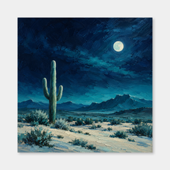 Turquoise Moon Desert oil painting of a pale moon, single saguaro and navy desert sky