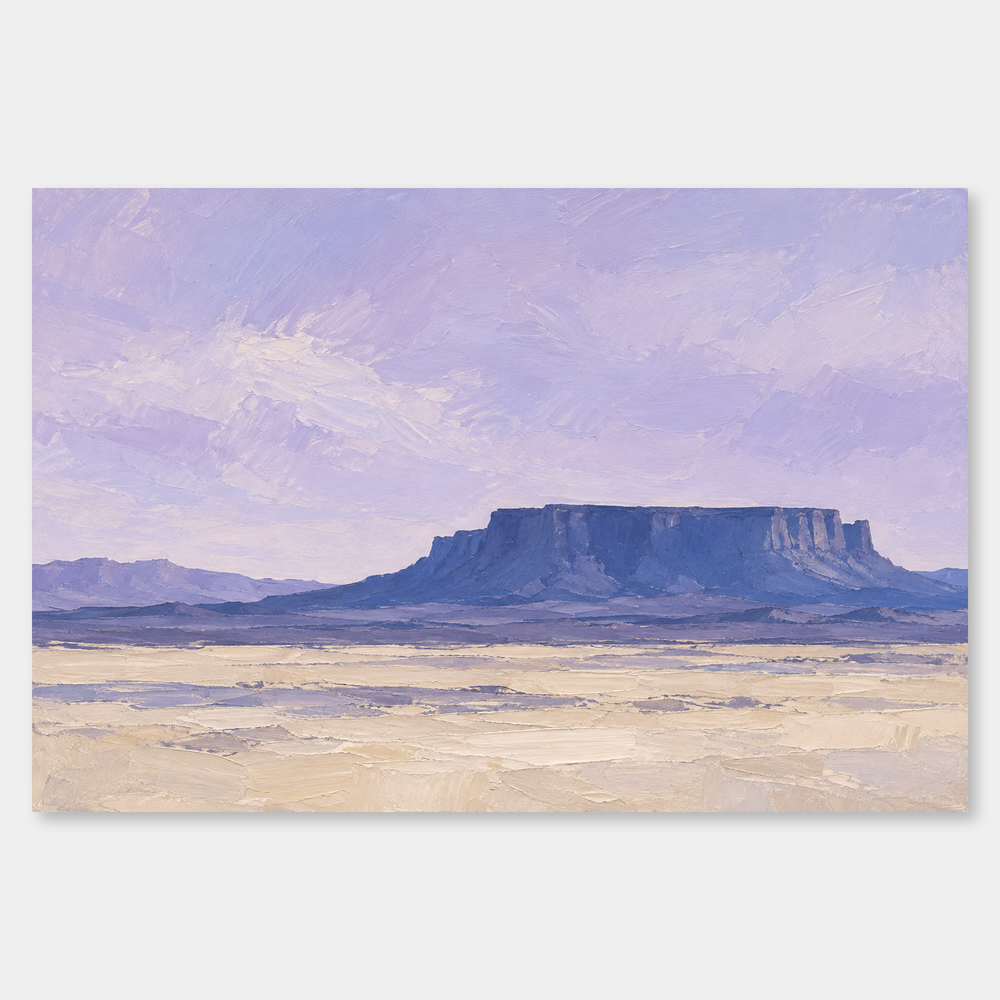 Indigo Mesa oil landscape with a flat-topped blue mesa, lavender sky and pale sand