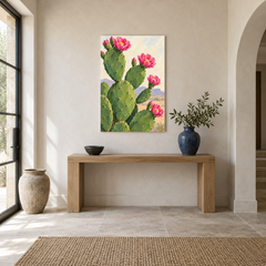 Pink Prickly Pear oil painting displayed in a Adobe-inspired entryway