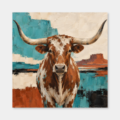 Southwestern Longhorn Geometry oil painting of a frontal longhorn against turquoise, rust and cream planes