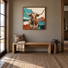 Southwestern Longhorn Geometry oil painting displayed in a adobe-inspired entryway