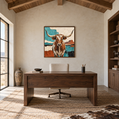 Southwestern Longhorn Geometry oil painting displayed in a natural-wood study