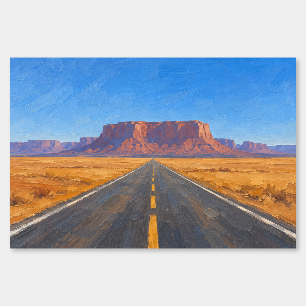 Road Toward the Mesa oil landscape showing an empty highway, ochre desert and red mesa beneath blue sky