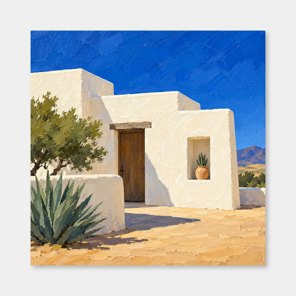 Adobe House in Desert Light oil painting with cream architecture, cobalt sky and green desert plants