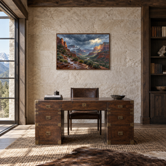 Red Rock After the Storm oil painting displayed in a natural-wood study
