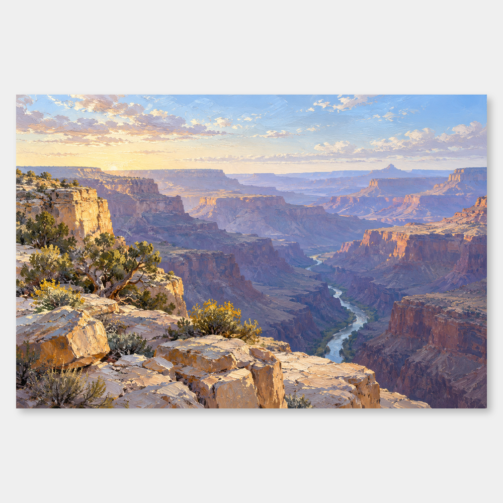 First Light Over the Canyon oil landscape with soft gold rims, lavender shadows and a winding river