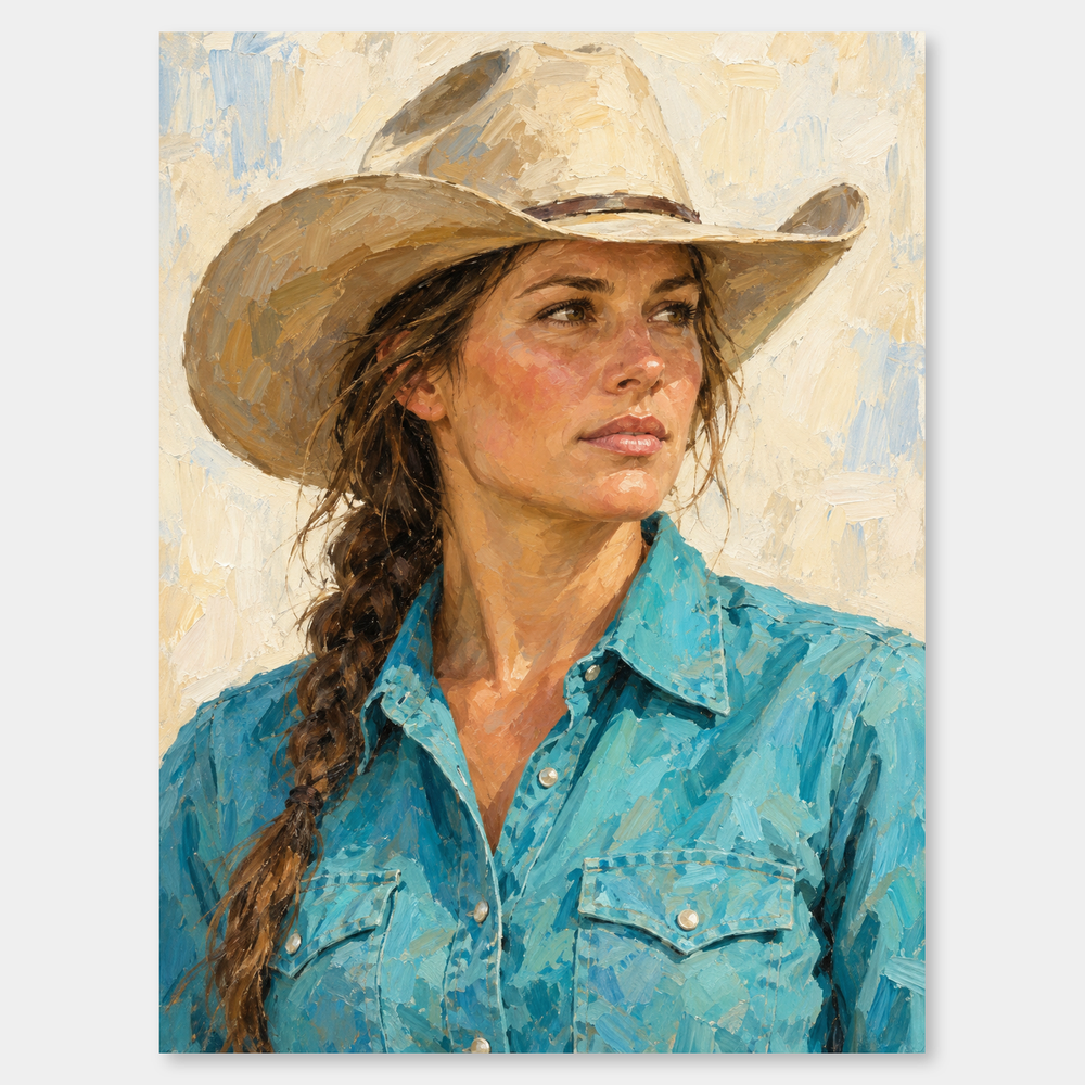 Cowgirl in Turquoise Western oil painting on a light gray background