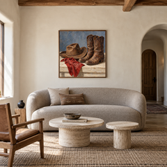 Hat, Boots & Bandana displayed in a Western-inspired living room