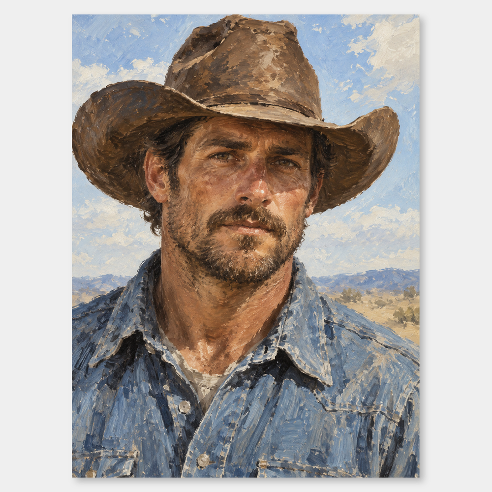 Ranch Hand Portrait Western oil painting on a light gray background