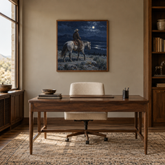 Rider Beneath the Moon displayed in a Western-inspired study