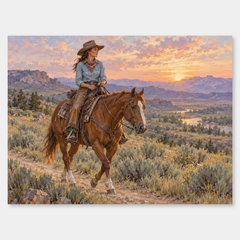 Cowgirl at Sunrise Western oil painting on a light gray background