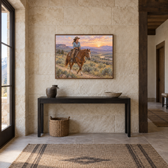 Cowgirl at Sunrise displayed in a Western-inspired entryway