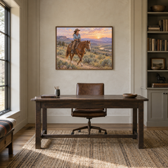 Cowgirl at Sunrise displayed in a Western-inspired study
