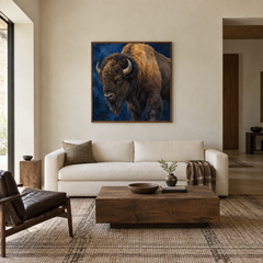 Bison in Deep Blue oil painting displayed in a Western ranch living room