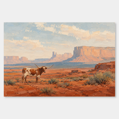 Longhorn Across the Desert Western oil painting on a neutral gray background