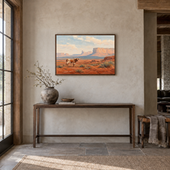 Longhorn Across the Desert oil painting displayed in a Western entryway