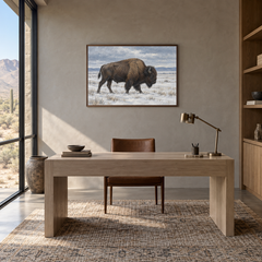 Bison on Winter Prairie oil painting displayed in a rustic office