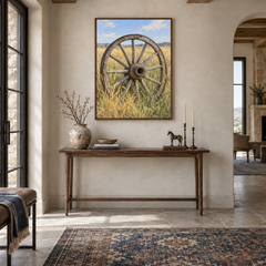 Wagon Wheel in Prairie Grass oil painting displayed in a Western entryway