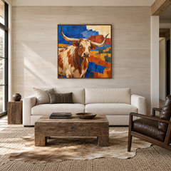 Longhorn & Southwestern Shapes oil painting displayed in a Western ranch living room