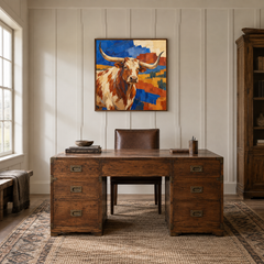 Longhorn & Southwestern Shapes oil painting displayed in a rustic office