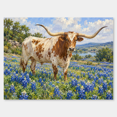 Longhorn in Bluebonnet Field Western oil painting on a neutral gray background