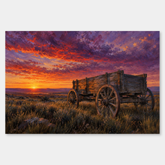 Old Wagon at Prairie Sunset Western oil painting on a neutral gray background