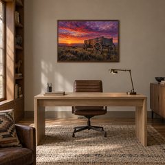 Old Wagon at Prairie Sunset oil painting displayed in a rustic office