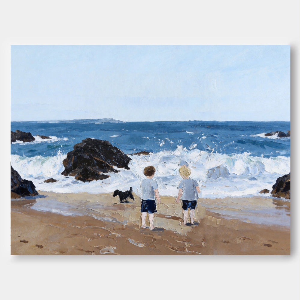 Hand Painted Beach Scene With Children And Pet Dog Nostalgic Family Wall Art