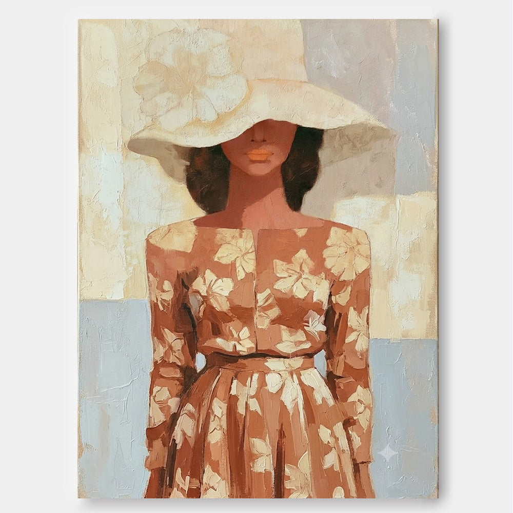 Elegant Female Portrait Painting With Floral Dress And Wide Brimmed Hat For Living Room Decor