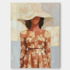 Elegant Female Portrait Painting With Floral Dress And Wide Brimmed Hat For Living Room Decor