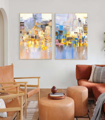 Set of 2 Abstract City Oil Painting Contemporary Textured Canvas Painting Modern Wall Art Home Decor