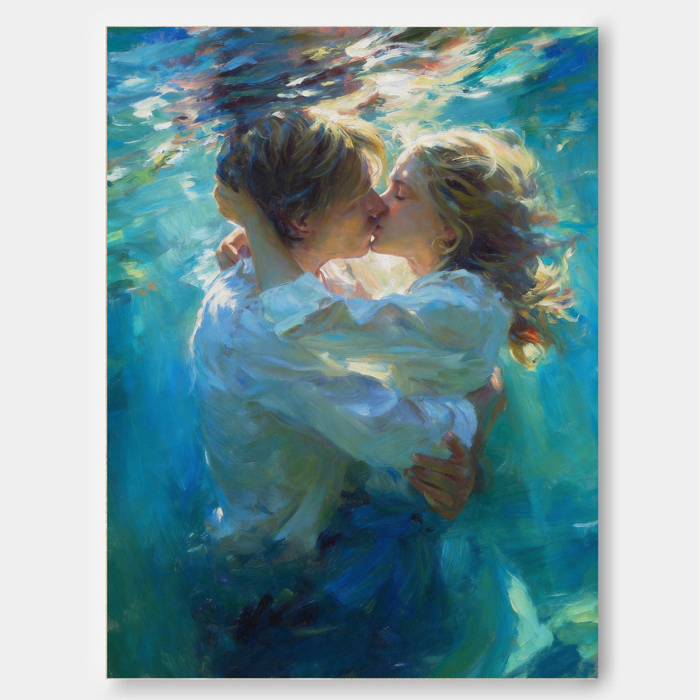 Impressionist Original Oil Painting Of Couple Kissing Underwater In Blue Tones For Bedroom Decor