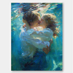 Impressionist Original Oil Painting Of Couple Kissing Underwater In Blue Tones For Bedroom Decor