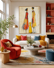 Abstract Couple Painting On Textured Linen Canvas For Modern Home Decor