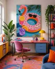 Whimsical Tropical Cocktail And Flamingo Float Canvas Art For Bright Sunroom Wall Decor