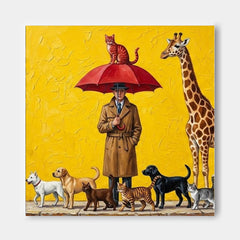 Surreal Man With Animals Painting Yellow Background Square Canvas Art For Living Room Decor