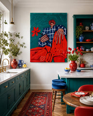 Quirky Male Portrait Art With Red Flower And Blue Grid Jacket For Modern Living Room