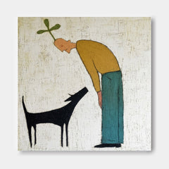 Whimsical Man And Dog Painting Minimalist Square Canvas Art For Modern Living Room Decor