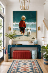 Impressionist Style Child And Dog Beach Painting Original Oil Art For Living Room Decor