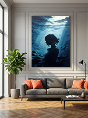 Blue Underwater Woman Portrait Oil Painting On Linen Canvas For Living Room Decor