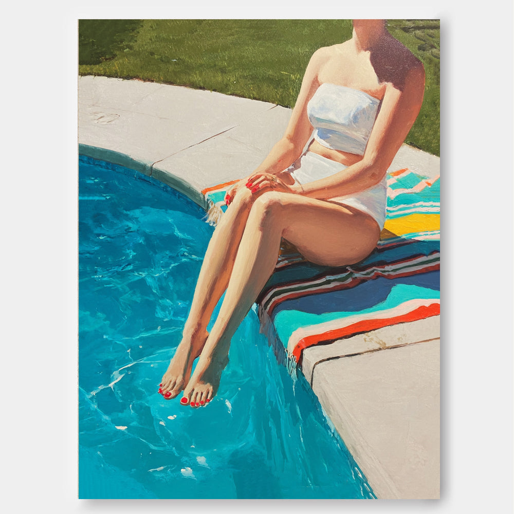 Poolside Figure Painting For Modern Home Decor With Vibrant Blue Tones